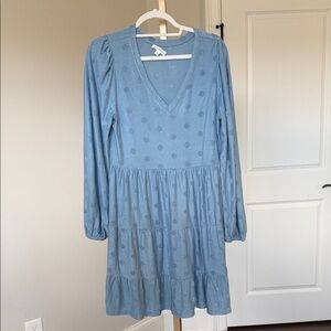 Blu Pepper Dusty Blue V-Neck Dot Baby Doll Dress